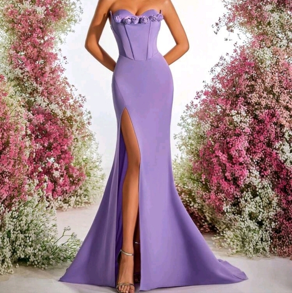 Elegant Lavender Strapless Gown With Novelty 3D Floral Decor On Neckline Dress - Picture 4 of 5
